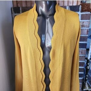 Women's Boho Double Scallop Edge Open Front Cardigan Sz Large Mustard/Gold Cozy